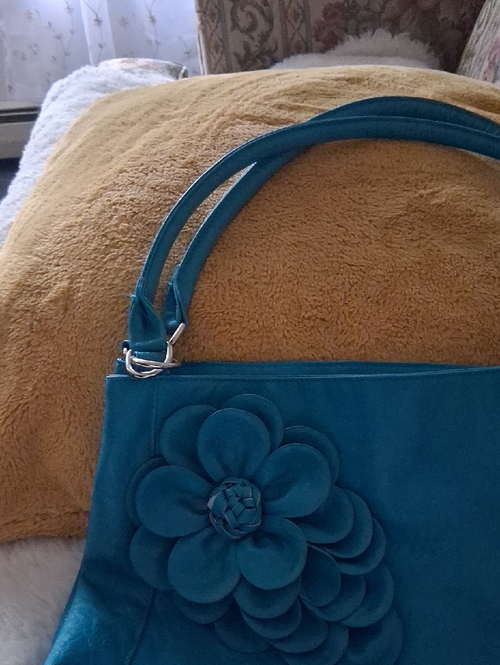 Teal Floral Leather Tote Bag - Women's Shoulder Handbag - Picture 6 of 10